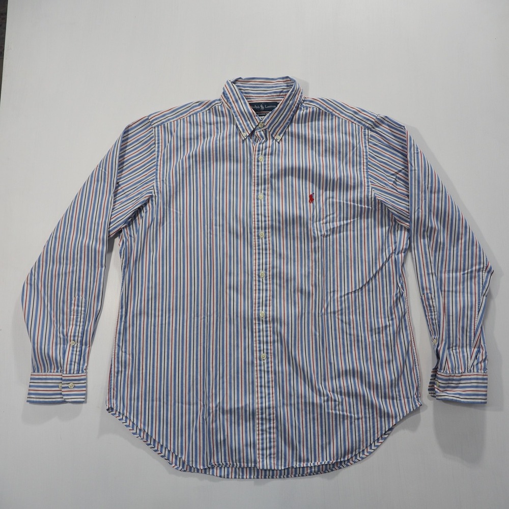 Ralph Lauren Shirt Mens 17 1/2 Blue Striped Long Sleeve Classic Fit Button Down - Picture 1 of 10